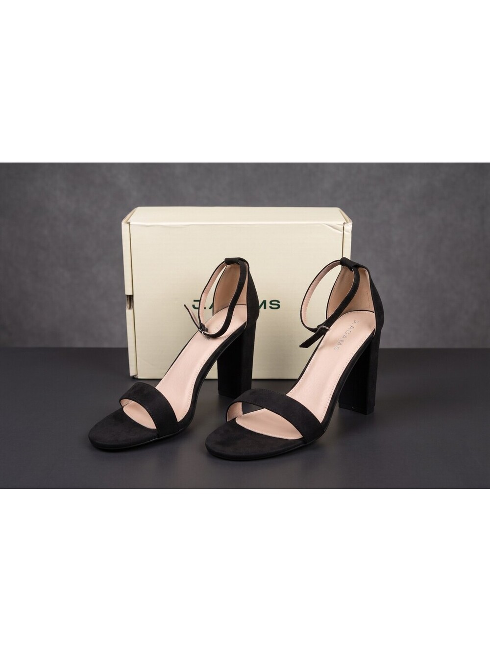 J. Adams Black Ankle Strap Block Heel Sandals Vegan Leather Size 11 New in Box